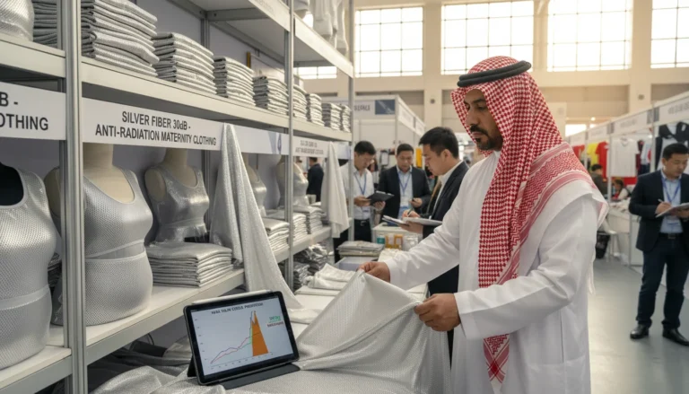 “Middle Eastern buyer examining EMF shielding fabric in Yiwu market while reviewing NASA solar storm data on a tablet — symbolizing global demand for anti-radiation textiles ahead of Solar Cycle 25 peak.”