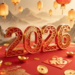 2026 Chinese New Year celebration with red and gold decorations, including the year 2026 in bold 3D style, traditional "Fu" characters, golden ingots, and paper cutouts — symbolizing prosperity and cultural festivities