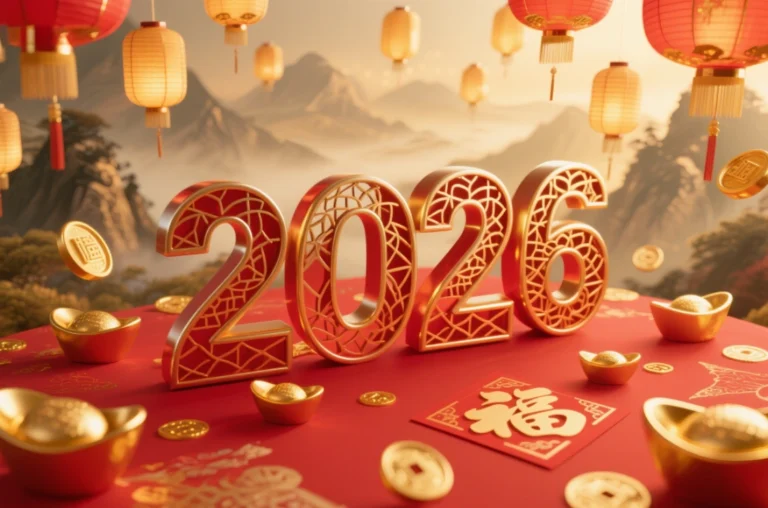 2026 Chinese New Year celebration with red and gold decorations, including the year 2026 in bold 3D style, traditional "Fu" characters, golden ingots, and paper cutouts — symbolizing prosperity and cultural festivities