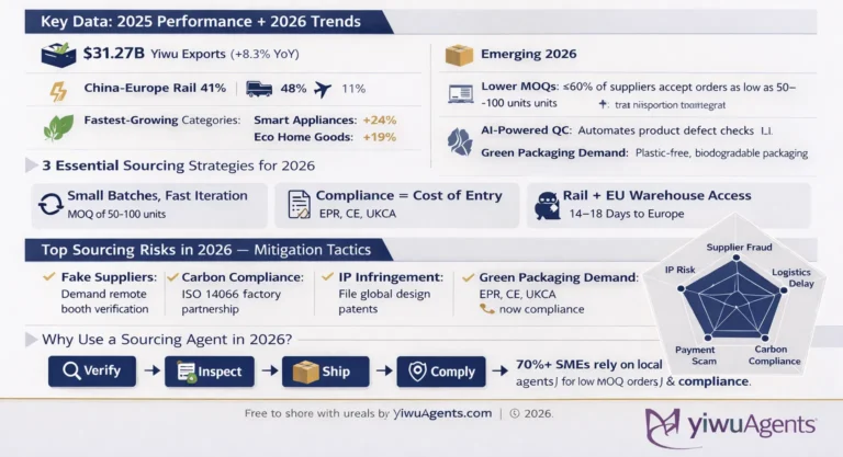 Infographic of the 2026 Yiwu Sourcing Guide showing $31.27B export data, low MOQ suppliers (50–100 units), China-Europe railway logistics mix, sourcing risks, compliance strategies, and Yiwu sourcing agent services