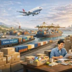 China global trade logistics supply chain with cargo ship railway containers and international buyers sourcing goods
