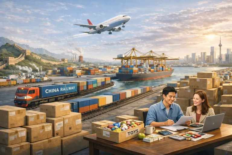 China global trade logistics supply chain with cargo ship railway containers and international buyers sourcing goods
