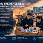 A cinematic infographic-style image showing global shipping routes affected by geopolitical tensions, featuring a cargo ship at sea, a world map with highlighted transport paths, and a background illustrating potential risks to the global supply chain.