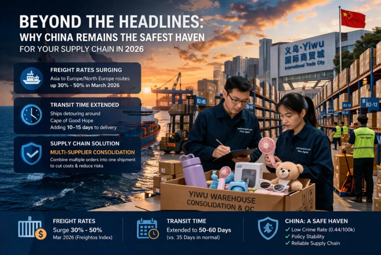 A cinematic infographic-style image showing global shipping routes affected by geopolitical tensions, featuring a cargo ship at sea, a world map with highlighted transport paths, and a background illustrating potential risks to the global supply chain.