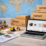 Export-oriented Chinese manufacturing workspace showing electronics, packaging, and materials for global trade