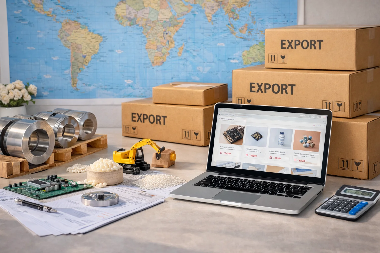 Export-oriented Chinese manufacturing workspace showing electronics, packaging, and materials for global trade