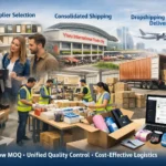 Yiwu multi-supplier sourcing and consolidated shipping process with Chinese team, warehouse quality control, and global dropshipping logistics illustration