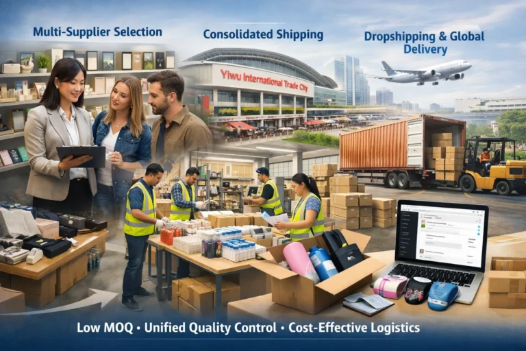 Yiwu multi-supplier sourcing and consolidated shipping process with Chinese team, warehouse quality control, and global dropshipping logistics illustration
