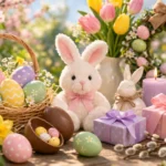 A bright Easter-themed still life with colorful eggs, a plush bunny, spring flowers, and gift boxes arranged in a warm outdoor setting.