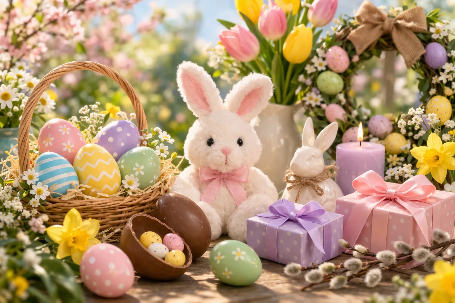 A bright Easter-themed still life with colorful eggs, a plush bunny, spring flowers, and gift boxes arranged in a warm outdoor setting.