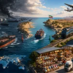 A wide cinematic illustration showing congested oil tankers near the Strait of Hormuz on the left, contrasted with smooth container ship passage, rail freight, air cargo, and Yiwu small-commodity warehouses on the right, highlighting the shift from risky sea routes to stable land logistics.