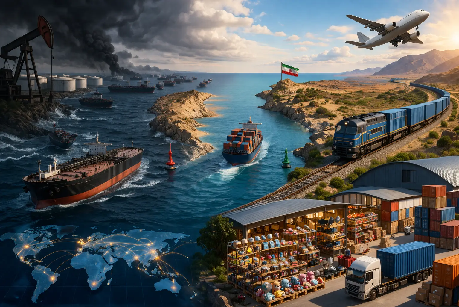 A wide cinematic illustration showing congested oil tankers near the Strait of Hormuz on the left, contrasted with smooth container ship passage, rail freight, air cargo, and Yiwu small-commodity warehouses on the right, highlighting the shift from risky sea routes to stable land logistics.