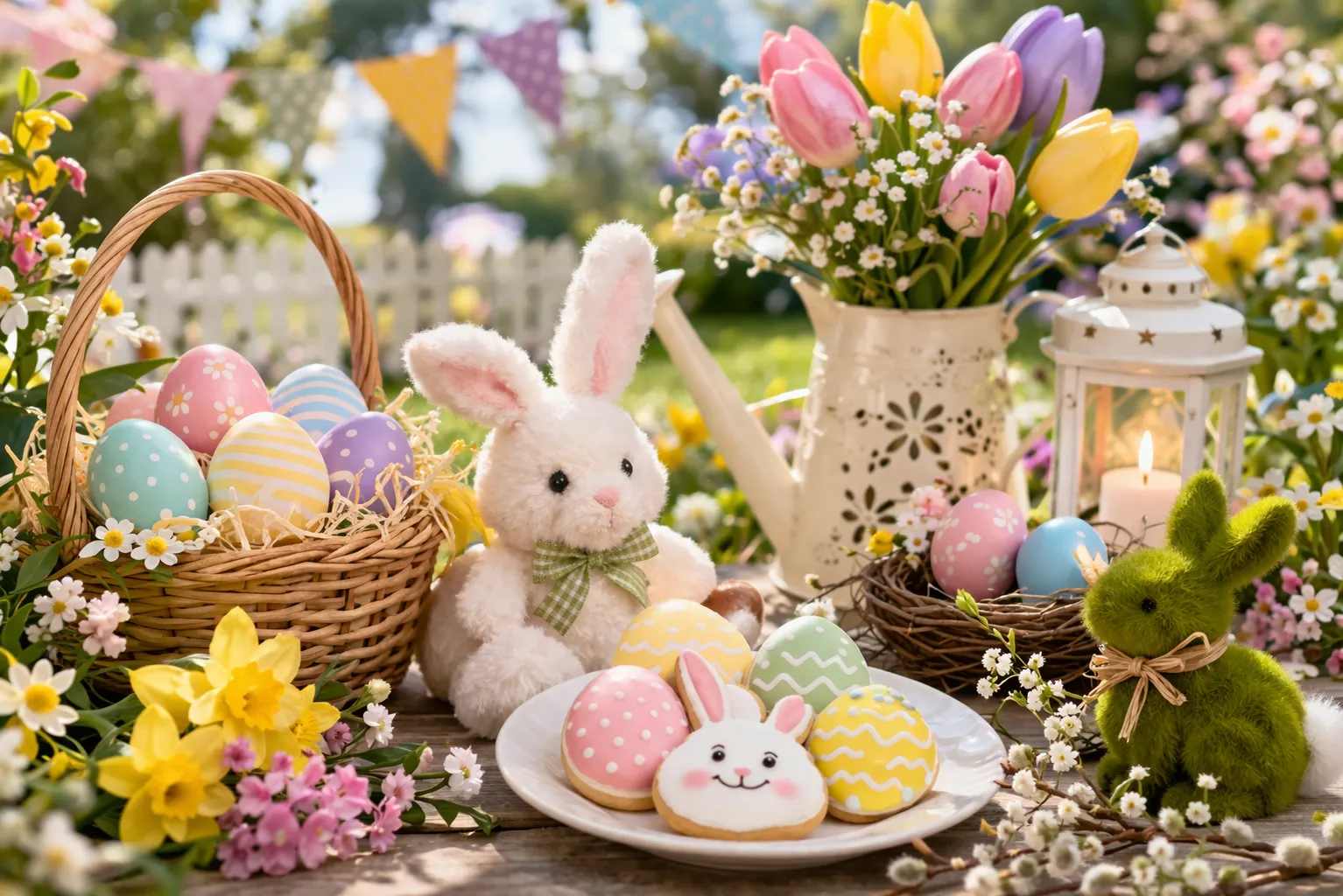 An outdoor garden Easter display featuring a basket of eggs, plush bunnies, tulips, cookies, and a lantern in a springtime setting.